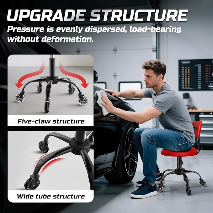 Rolling Shop Stool with Wheels, Mechanic Garage Stool Chair with Adjustable Height 15.55"-18.3", Heavy Duty Swivel Roller Seat for Garage, Salon and Tattoo Beauty, Red