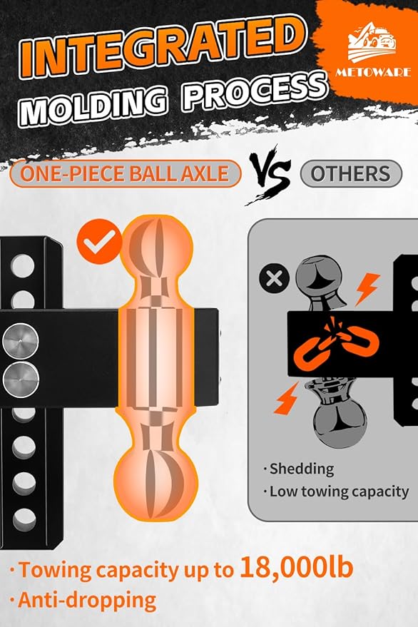 METOWARE Adjustable Trailer Hitch - Aluminum Tow Hitch Fits 2.5-Inch Receiver - Heavy Duty Drop Hitch with 6-Inch Drop/Rise for Truck (18,000 LBS GTW), Double Stainless Steel Locks & Hitch Pin (Black)