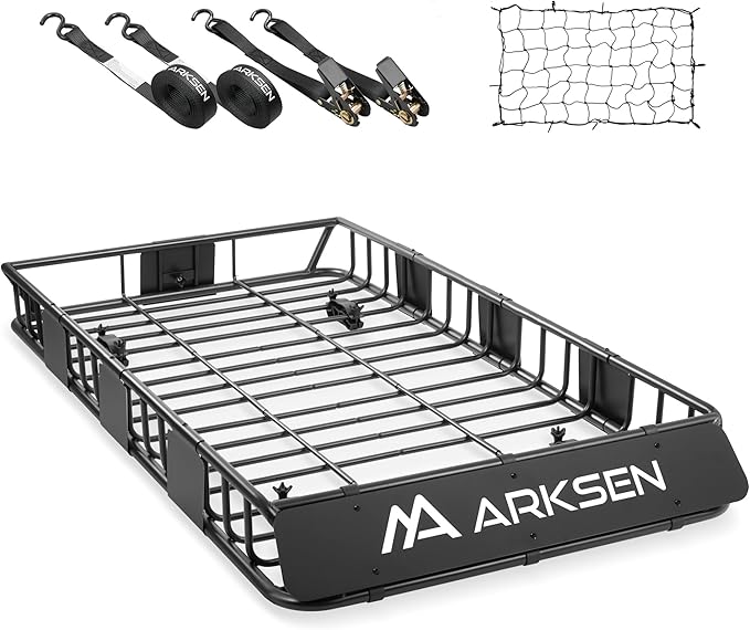 ARKSEN 64 x 34 x 6 Inch Universal Roof Rack with Extension, Cargo Net, 2 Straps, 150 LBS Heavy Duty Capacity Rooftop Cargo Basket for SUV, Truck, RV, Pickup