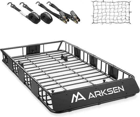 ARKSEN 64 x 34 x 6 Inch Universal Roof Rack with Extension, Cargo Net, 2 Straps, 150 LBS Heavy Duty Capacity Rooftop Cargo Basket for SUV, Truck, RV, Pickup