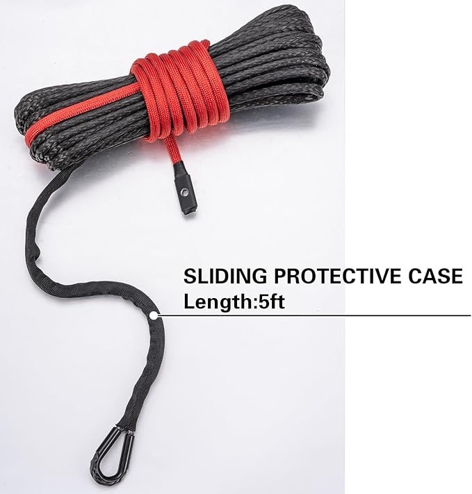 Synthetic Winch Rope 1/4" x 50 ft, 10,000 lbs Pulling Strength, with Protective Sleeve, Safety Pull Strap for ATV, UTV, and Offroad Vehicles (Black, 1/4" x 50 ft)