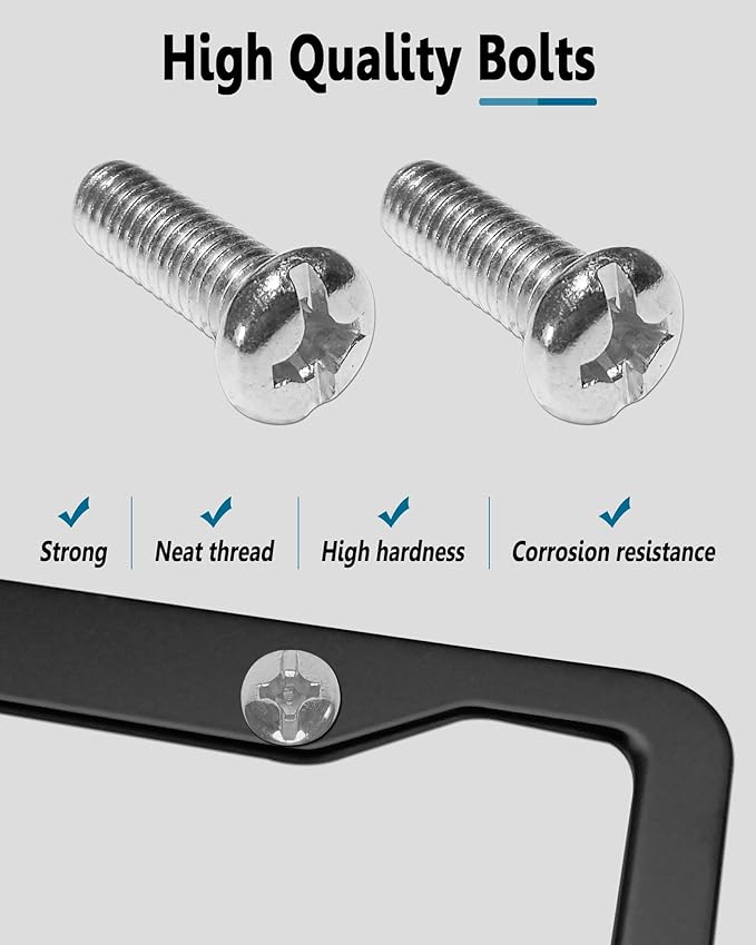 Black License Plate Frames- 2 Pack Aluminum Front & Rear Auto Car Tag Holder, Heavy Duty Bracket with Mount Hardware, Screws Caps, Rattle Proof Pads (Black