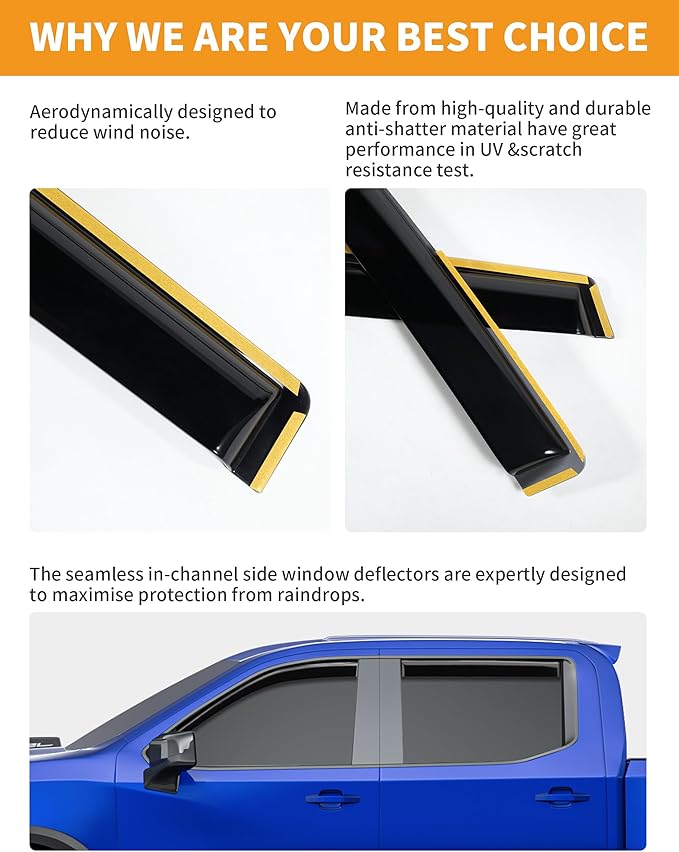 in-Channel Window Rain Guards Fit for Chevy Silverado 1500/GMC Sierra 1500 2019-2026 Crew Cab Extra Durable Window Deflectors Window Visors Vent Visors Vent Shades Truck Accessories