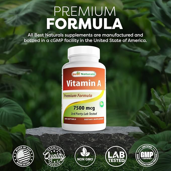 Best Naturals Vitamin A 25000 IU (7500 mcg), Non-GMO Formula Supports Healthy Vision & Immune System and Healthy Growth & Reproduction, 180 Softgels (180 Count (Pack of 1))