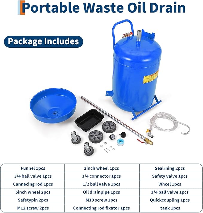 20 Gallon Waste Oil Drain Tank Portable Air Operated Oil Drainer with Adjustable Funnel Height 38-65 Inches 15 Inch Funnel Fluid Fuel Transfer Drain Container with 360 Degree Wheels and Toolbox Blue