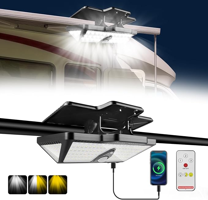 Solar Camping RV Outdoor Lights 208LED High Brightness Waterproof with Motion Sensor & Remote, 6000mAh Solar-Powered Exterior Lighting for Camper Porch & Trailers - Clip-On Design