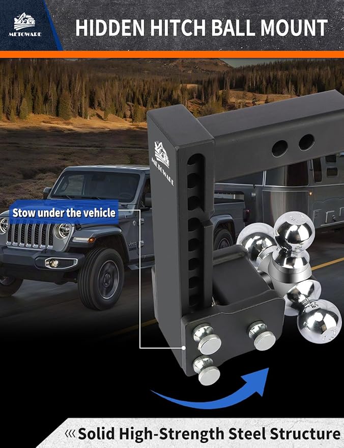METOWARE Adjustable Trailer Hitch Ball Mount-Fits 2.5" Receiver-Heavy Duty Drop Hitch, Tri-Ball (1-7/8" x 2" x 2-5/16") 8" Drop/Rise, 18,000 GTW and Anti-Theft Stainless Steel Lock
