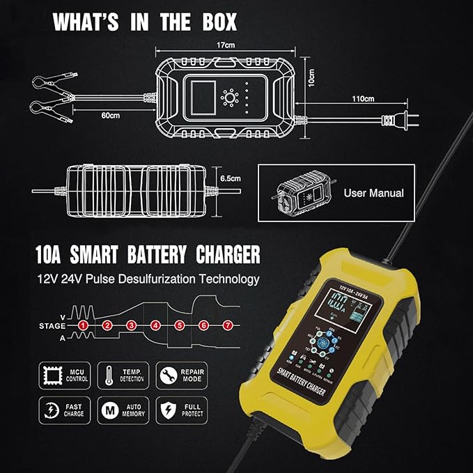 10-Amp Motorcycle & Car Battery Charger,12V and 24V Pulse Repair Charger,Trickle Battery Quick Charger & Maintainer for Truck ATV Lawn Mower Tractor SLA AGM Gel Wet Lead-Acid LiFePO4 Battery