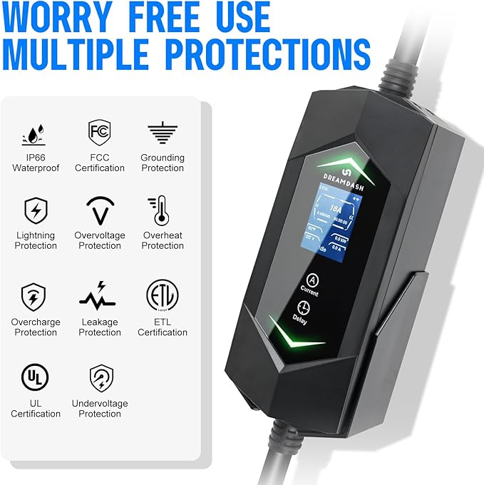 Portable Level 2 Ev Charger for All SAE J1772 EVs, 25ft ETL Listed Electric Vehicle Charger, Smart Adjustable 6-16A,120-240V, Timer Function,Weatherproof IP66 with NEMA 6-20 Plug