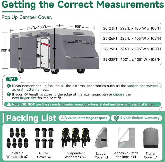 Umbrauto RV Cover Class C Upgraded 7 Layers Anti-UV Top Panel Motorhome Cover Windproof Camper Cover for 26' to 29' Motorhome with 3Pcs Extra Straps, Adhesive Repair Patches, 6 Gutter Covers