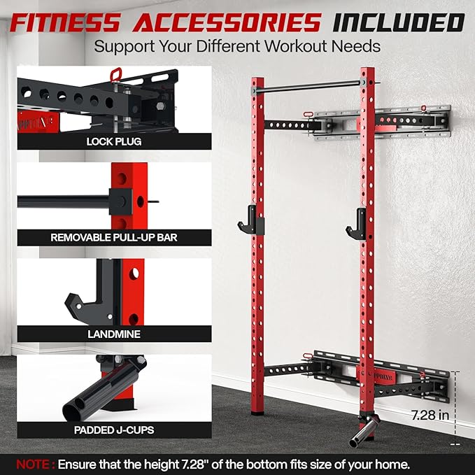 Folding Squat Cage Wall Mounted, 1100 LBS Foldable Squat Power Rack Weight Cage with Pull Up Bar, J-Cups, Landmine and Partable Space Saving Standing for Home Gym Garage Workout