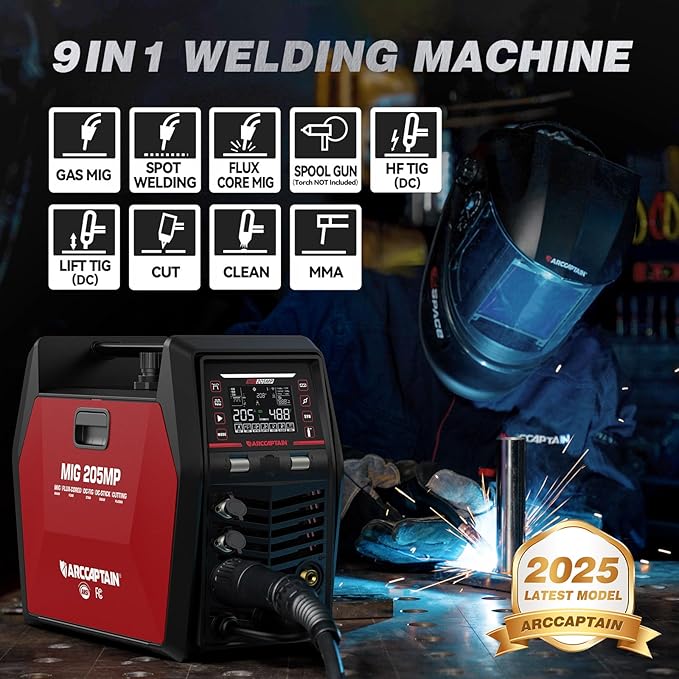ARCCAPTAIN MIG205MP MIG Welder 9 IN 1 iControl APP Control Plasma Cutter/Pulsed MIG/Flux Core/Spool Gun/DC HF/Lift TIG/Clean/Stick Aluminum Welding Machine 120/240V Dual Voltage Multiprocess Welder