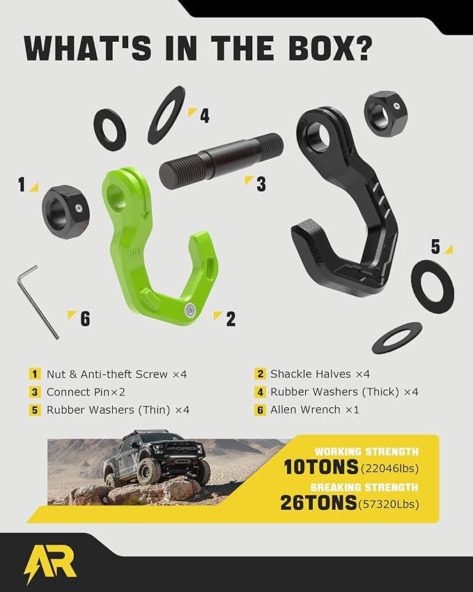 D Ring Shackles, 3/4" Separate Shackles with 7/8" Pin, Heavy Duty Recovery Shackle 57320lbs Break Strength, 4x4 Off-Road Recovery Towing Winch Shackles for Trucks, Black Green 2-Pack