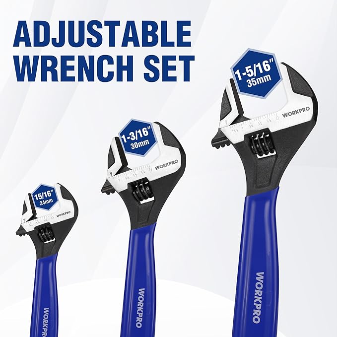 WORKPRO 3-piece Adjustable Wrench Set, 6-Inch & 8-Inch & 10-Inch Wrenches, Wide Jaw Black Oxide Wrench, Metric & SAE Scales, Cr-V Steel, for Home, Garage, Workshop