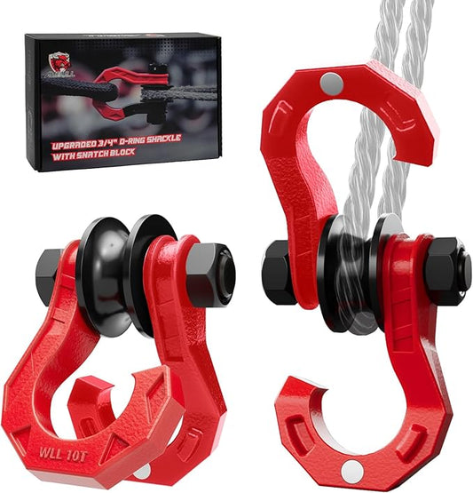 D Ring Separate Shackle with Snatch Block 2 Set, 3/4" Shackles w/Snatch Block Pulley, Heavy Duty Shackle for Towing Winch, Pulley for Off-Road Vehicle Recovery, Truck, ATV, UTV, BlackRed