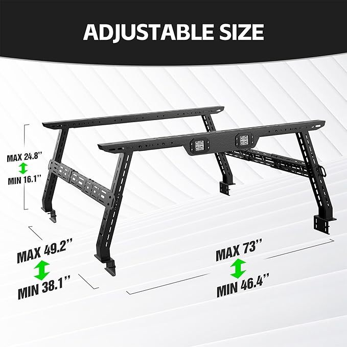 Adjustable 16-24.8" High Truck Cargo Rack Bed Racks Cargo Carrier with 2 LED Lights Compatible with Silverado/Sierra/Ram/Tacoma/Tundra/Titan/Frontier/Canyon/Gladiator JT/Ford F-Series