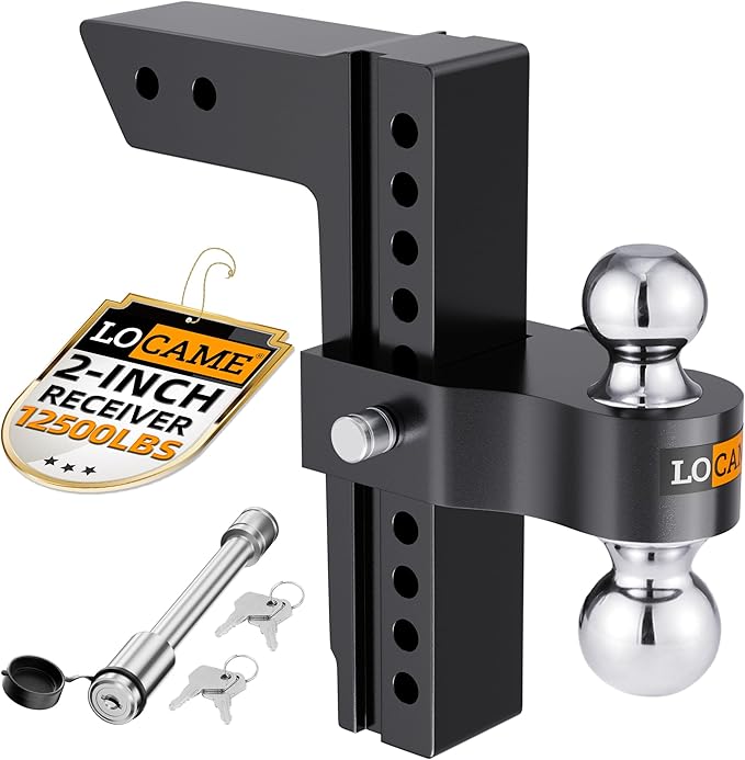 LOCAME Adjustable Trailer Hitch, Fits 2-Inch Receiver Only, 10-Inch Drop/Rise Aluminum Drop Hitch,12,500 LBS GTW-Tow Hitch for Heavy Duty Truck with Double Stainless Steel Locks, Black, LC0023