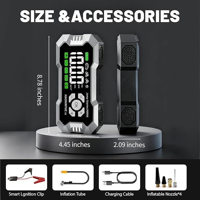 Car Jump Starter with Air Compressor,4000A Car Battery Jump Starter,150PSI Portable Tire Inflator,12V Jump Box Battery Pack (8L Gas 6L Diesel Engine) Car Battery Charger,LED Light,and Jumper Cables