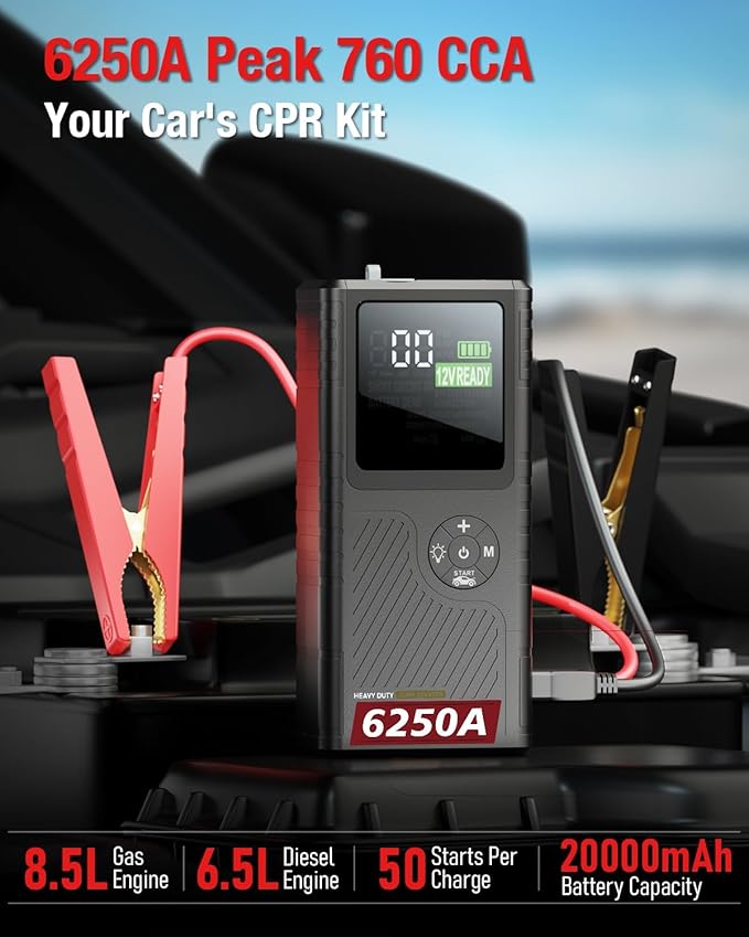 CS02 6250A Peak Jump Starter with Air Compressor, 20000mAh Battery Pack, 8.5L Gas/6.5L Diesel, USB-A Charging, Smart Display, 50 Starts, Safety Protection