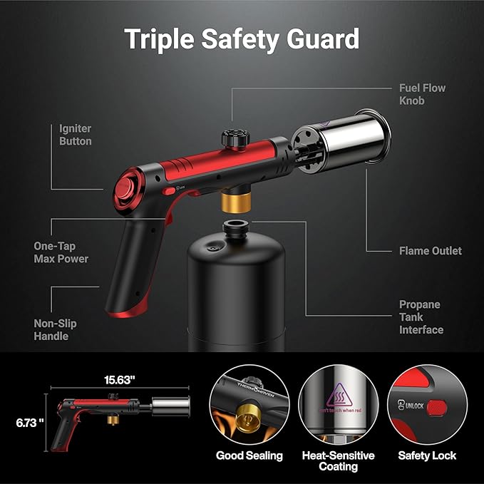 ThermoMaven Propane Torch with One-Touch Max Fire, Cooking Blow Torch Gun with Safety Lock, Charcoal Lighter, Flame Thrower, Gas Welding Kit Kitchen Food Torch Head for Grill, Sous Vide, BBQ, Red