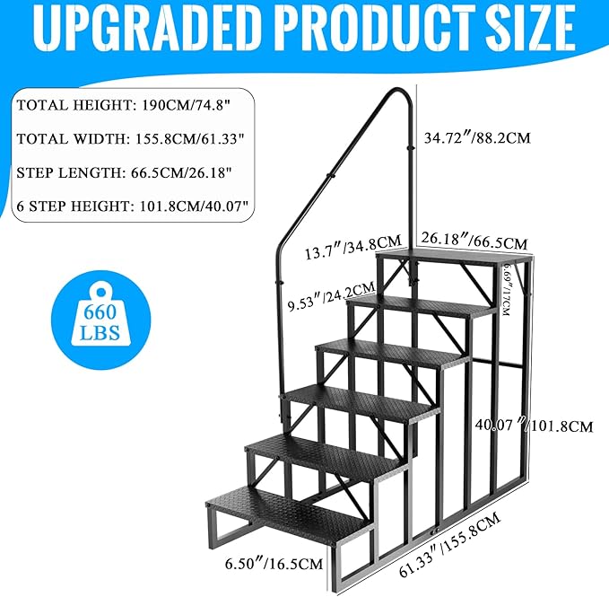 RV Stairs 6 Step Ladder, RV Steps Anti-Slip, Hot Tub Steps with Handrail, 660 lbs RV Ladder for 5th Wheel RV, Mobile Home Stairs