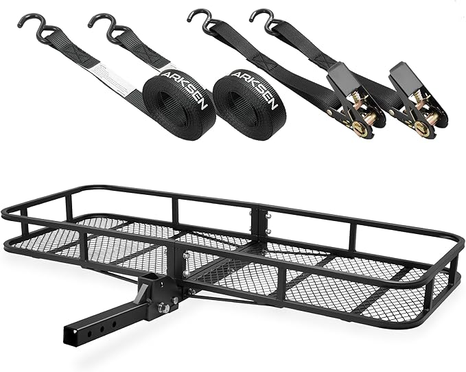 ARKSEN 60 x 23 x 5.5 Inch Folding Hitch Cargo Carrier with 2 Ratchet Straps, 500 Lbs Capacity Heavy Duty 2 Inch Receiver Luggage Basket for SUV, Pickup Truck, Camping & Travel