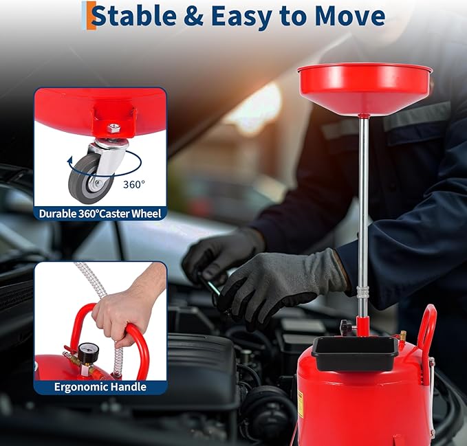 8 Gallon Waste Oil Drain Tank Portable Air Operated Oil Drainer with Adjustable Funnel Height 28 to 62 Inches 15 Inch Funnel Fluid Fuel Transfer Drain Container with 360 Degree Wheels and Toolbox Red