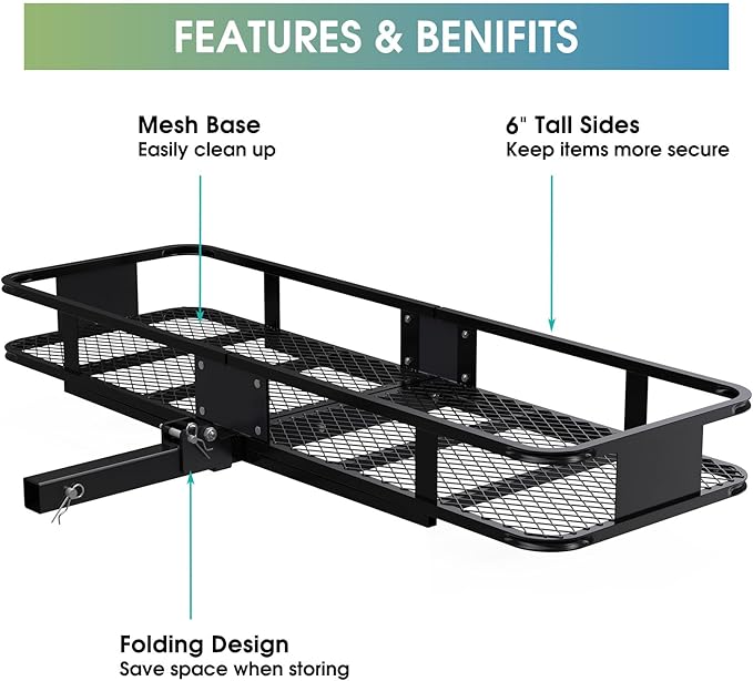 FORWODE 500 LBS Hitch Mount Cargo Carrier Basket, 60"x20"x6" Folding Hitch Cargo Carrier Rack + Waterproof Cargo Bag 16 Cubic Feet(58"x19"x24") and Cargo Net
