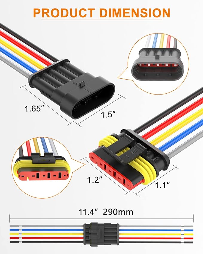 NAOEVO 5 Pin Connector Waterproof，16 AWG 5 Wire Connectors, Automotive Electrical Connectors Male And Female Way With Heat Shrink Tubing For Car Truck Boat Wire Connection, 6 Kits