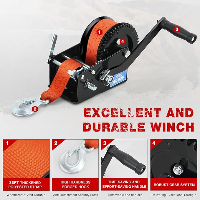Nilight Boat Trailer Winch 3500 LBS Hand Crank Winch Heavy Duty Boat Winches with 33 FT Orange Strap Rope Hook Two Way Ratchet 4:1 8:1 Gear Portable Marine Manual Winch for Trailers Boat RV ATV Towing