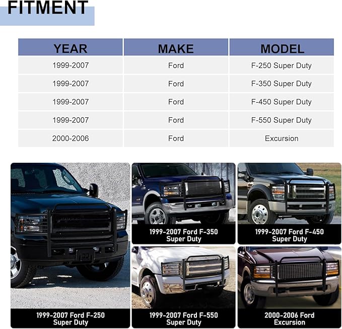 Brush Guard Grille Guard fit for Ford F250/F350/F450/F550 Super Duty 1999-2007 & Excursion SUV 2000-2006 Steel Pickup Trucks Brush Guard Front Bumper Protector Black