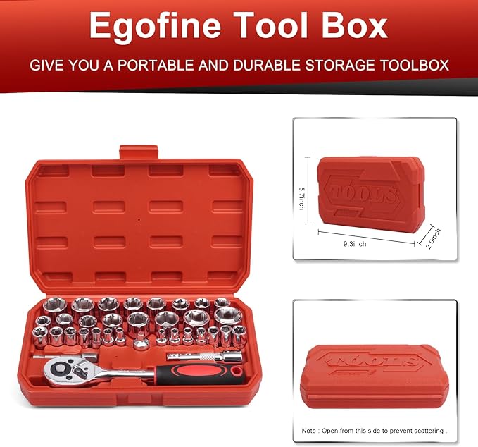 Egofine 34 Pieces 3/8 inch Drive Socket Ratchet Wrench Set, with Socket Set Metric/SAE and Extension Bar for Auto Repairing and Household, with Storage Case