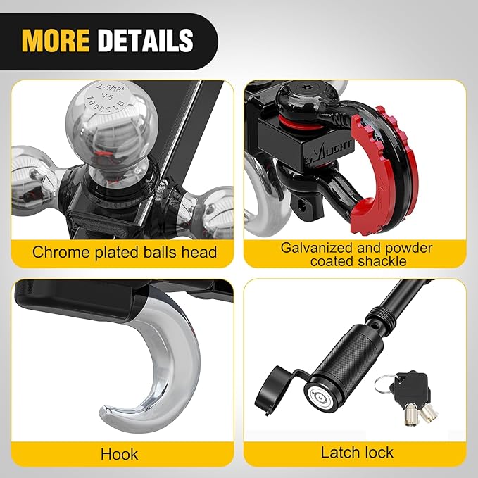 Nilight Trailer Hitch Tri-Ball Mount with Hook and Rotatable Tow Anti-Theft 3/4” Shackle Fits for 2inch Receiver Ball Size 1-7/8” 2” 2-5/16” GTW from 5000lbs to 10000lbs for RV SUV ATV Truck
