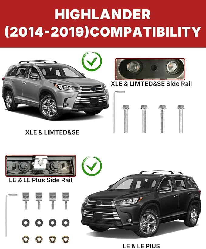 Richeer 220LBS Lockable Roof Rack Cross Bars for 2014-2019 Highlander XLE/Limited & SE/LE/LE Plus/LE Hybrid with Side Rails,Aluminum Anti-Theft Cargo Racks Rooftop Luggage Canoe Kayak Bicycle