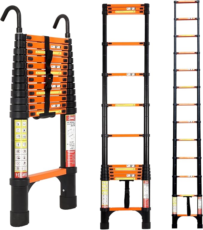12.5FT Telescoping Ladder, Aluminum Extension Ladder w/Triangle Stabilizers and Non-Slip Feet, Multi-Purpose Retractable Ladder for Home, Work and Outdoor, 330lbs Capacity Orange