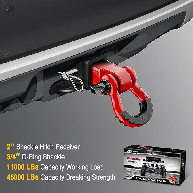 Nilight Shackle Hitch Receiver 2Inch 45000 LBs Breaking Strength 3/4" D Ring w/Trailer Pin Heavy Duty Solid Recovery Towing Kit for Trucks Jeeps Off-Road