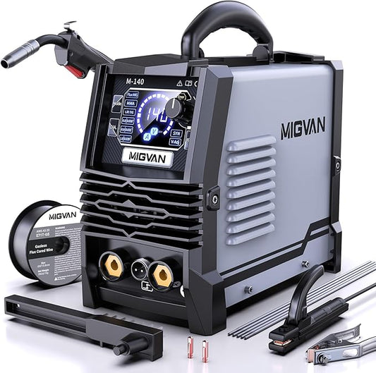 140A MIG Welder, MIGVAN 110V Flux Core MIG/Stick/Lift TIG 3 in 1 Welding Machine with Large LED Digital Display, IGBT Inverter Portable Gasless Welder with Welding Gun and Flux Core Wire