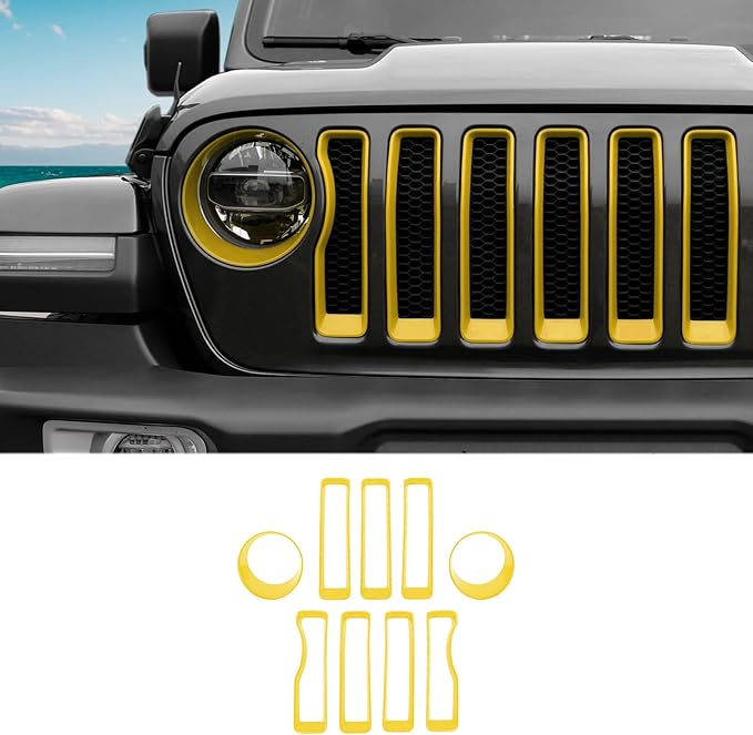 Grille Grill Insert+Headlight Turn Light Cover Compatible with 2018-2023 Jeep Wrangler JL JLU Sport/Sport S Only,Not for Sahara,Rubicon 4xe(Yellow)