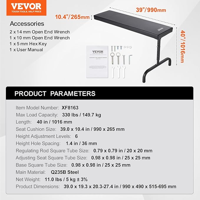VEVOR Under Dash Creeper, 40 in, 330 lbs Load Capacity Rolling Mechanic Garage Creeper, 20.3-27.4 in Height Adjustable, Laying Down or Upright Inside of Car or Truck, Easy Fold Support for Garage Shop