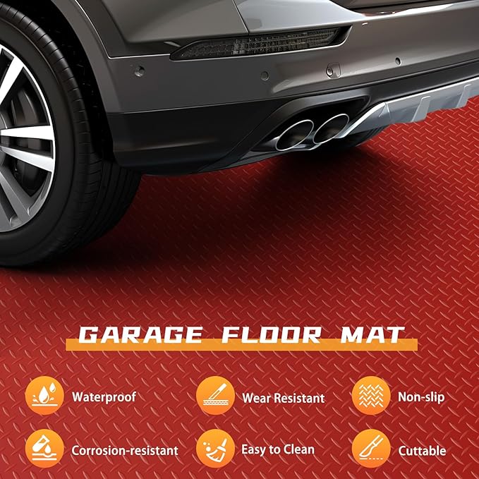 Boshen 5x7.5FT Garage Floor Mat, 2.5mm Thickened Diamond Plate PVC Rubber & Vinyl Flooring Roll, 37.5 SQFT Non-Slip Rubber Garage Mat for Floor Under Car Protection - Red