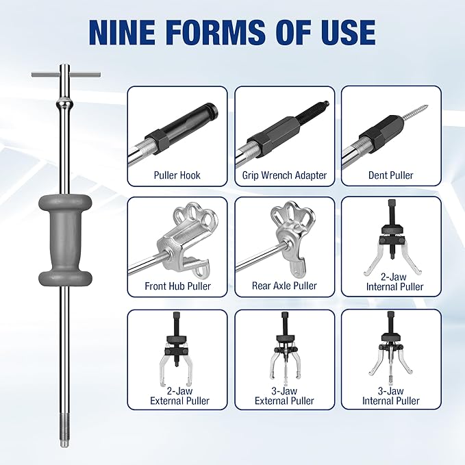 WORKPRO 9-Way Slide Hammer Puller Set, 27-Piece Wheel Hub Removal Tool, for Front Hub & Rear Axle, Heavy Duty Bearing Puller Set with Carry Box