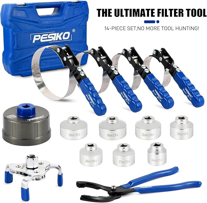 14 Piece Oil Filter Wrench Set, 7pcs Oil Fliter Socket and 64mm Wrench, 4pcs Stainless Steel Swivel Wrenches, 12" Oil Filter Pliers, Universal 3-Jaw Removal Tool, Organized in Storage Case
