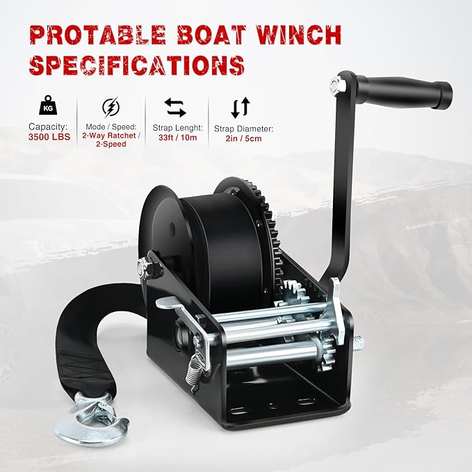 Nilight Boat Trailer Winch 3500 Lbs Hand Crank Winch Heavy Duty Boat Winches with 33Ft Strap Rope Hook Two Way Ratchet 4:1 8:1 Gear Portable Marine Manual Winch for Trailers Boat RV ATV Jet Ski Towing