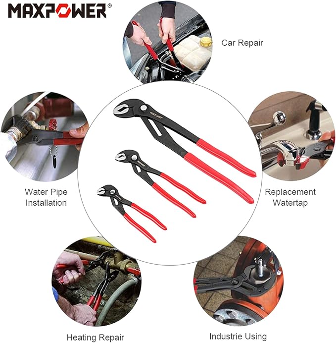 MAXPOWER Water Pump Pliers Set. Plumbing Pliers 3 Pieces Kitbag Set. 7-Inch, 10-Inch and 16-Inch Push Button Quick Adjust Tongue and Groove Pliers Set