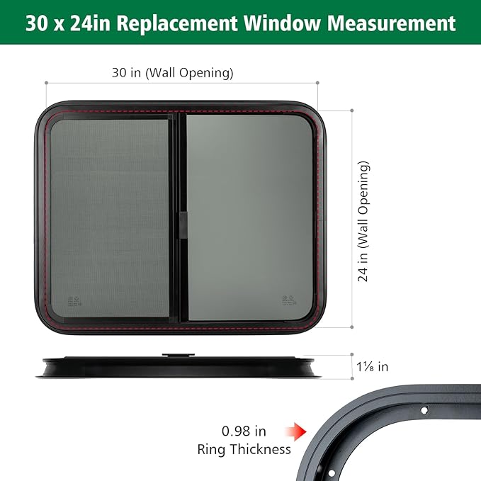 Dulepax Horizontal RV Window, 30" W x 24" H Tinted Slide Trailer Window, Tempered Glass Camper Window Replacement with Net Screen and Trim Ring, DOT Approved