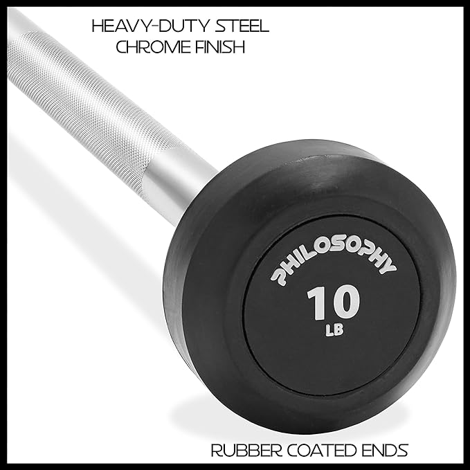 Philosophy Gym Rubber Fixed Barbell, Pre-Loaded Weight Straight Bar for Strength Training & Weightlifting