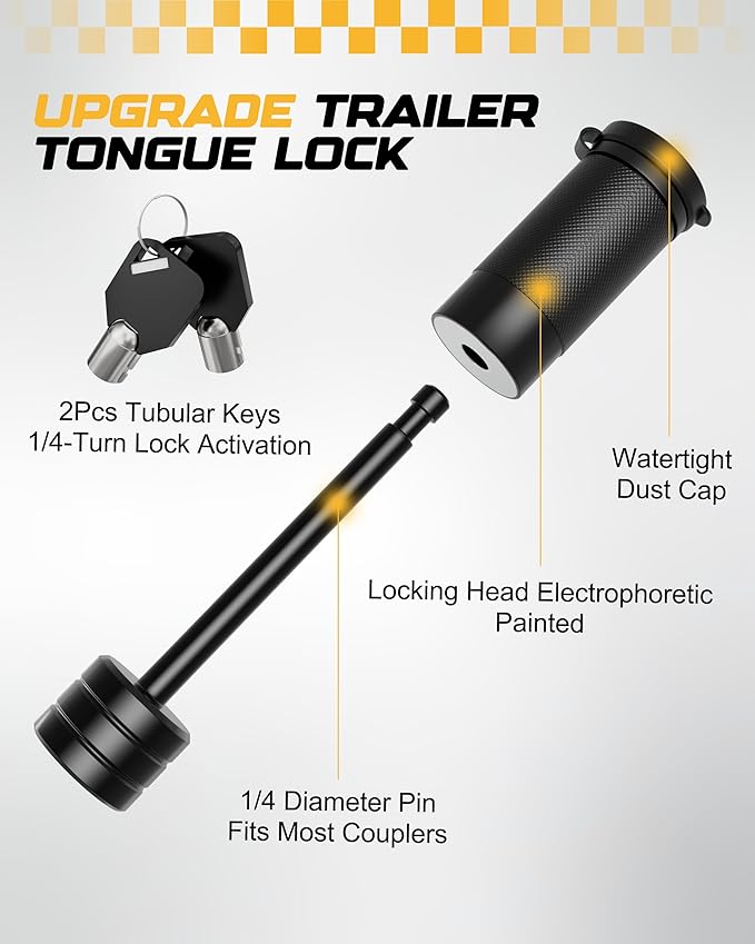 RETRUE Trailer Tongue Coupler Lock, Dia 1/4 Inch, 3-1/2 Inch Span Trailer Hitch Lock for Latch-Type Coupler, Tow Boat RV Truck Car's (2 Pack, Black)