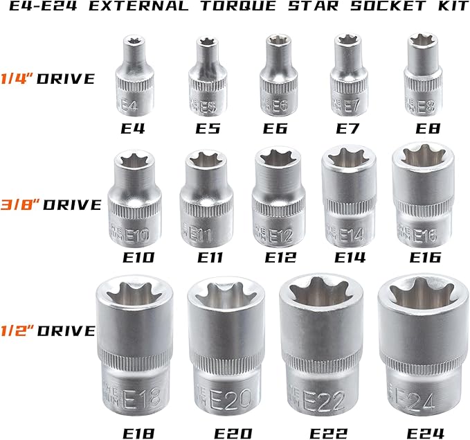 E-Torx Socket Set, 14 Piece Female E-Torx Star Socket Set, 1/4" 3/8" 1/2" Drive, E4 to E24 External Torque E Socket Set, 14pcs Star Socket Kit