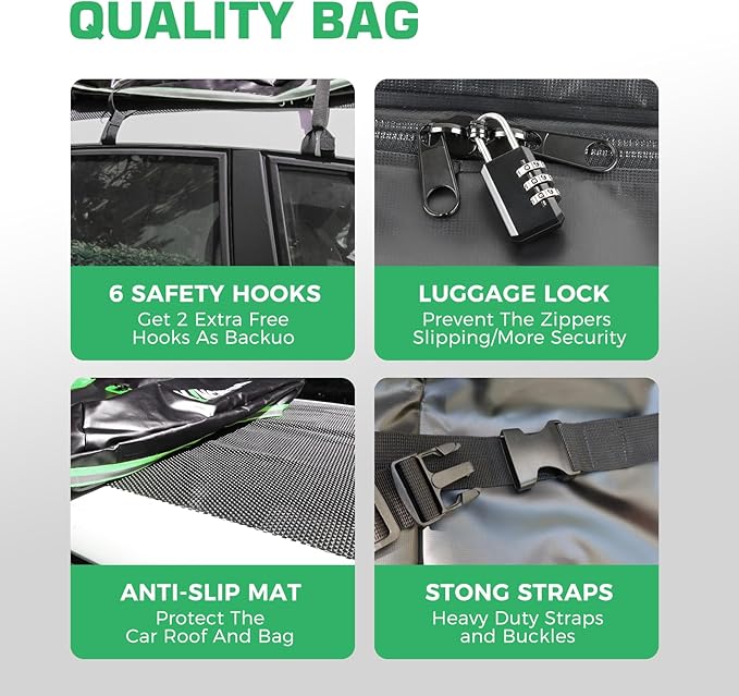 Kingfun Rooftop Cargo Carrier – Waterproof 21 Cubic Feet Car Roof Bag Fit All Vehicles with/Without Roof Rack, Includes Anti-Slip Mat, 8 Reinforced Straps & 6 Door Hooks, Lashing Straps, Luggage Locks