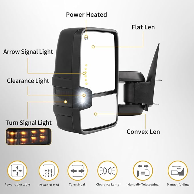 DWVO Towing Mirrors Compatible with 03-06 Silverado Avalanche Tahoe Suburban GMC Yukon Sierra Cadillac Escalade, LED Signal Lamp Power Heated Clearance Light Black Pair Mirrors